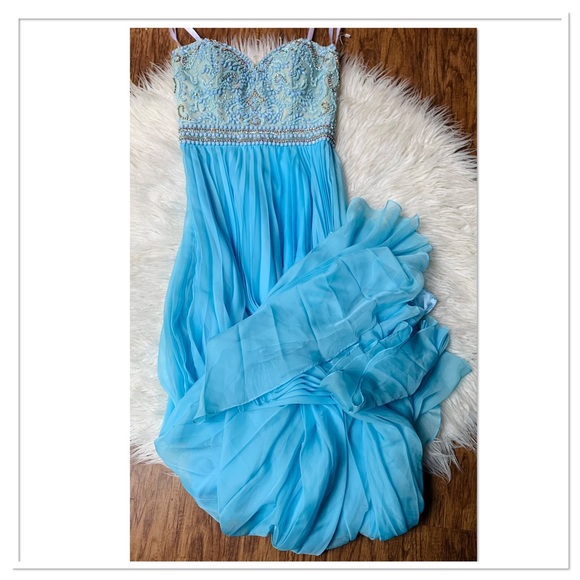 Cassandra Stone Evening Gown Beaded Jewel Bodice Pleated Long Dress Blue Size 4 - Picture 8 of 15